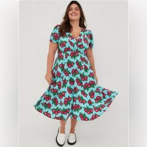 Betsey Johnson Fit & Flare Midi Dress - Stretch Challis Cherry Blue-Sz 16